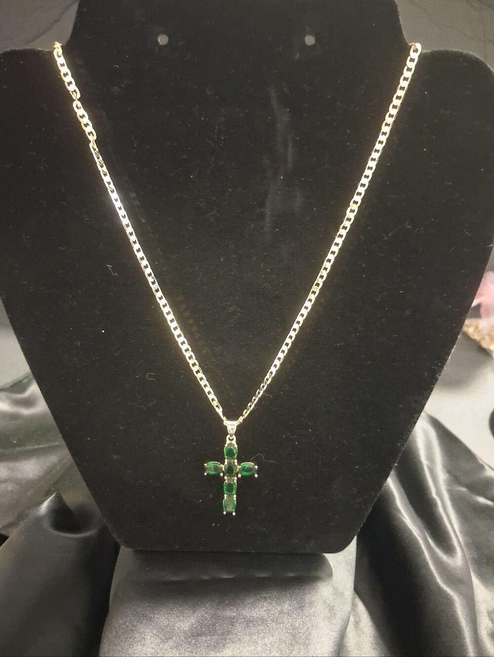 Gold Filled Necklace with Emerald Green Cross Pendant